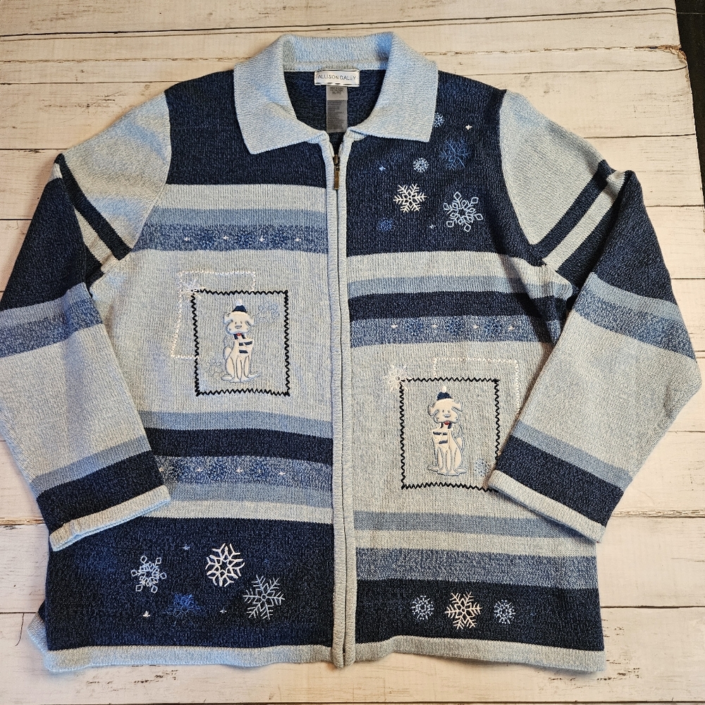 Allison Daley Blue Zip Up Sweater Winter‎ Size XL Snowflake Dog Holiday